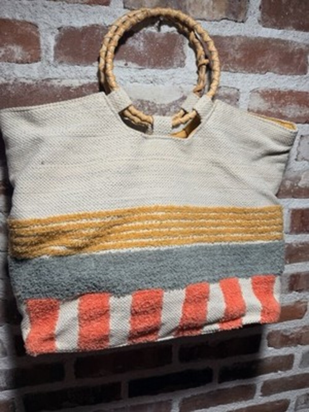Paper Source Woven Beach Tote Bag Wooden Handles Striped Summer Boho Shopper